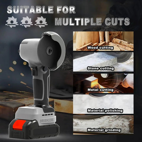 Cordless Brushless Angle Grinder Kit With Dual 21V 2000mAh Batteries For Beast Mode Power On The Go 28000 RPM High Speed Mini Electric Grinder For Metal And Wood displayed with cutting and polishing features