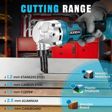 Heavy Duty Cordless Metal Nibbler With 30k Rpm Power For Cutting Steel Sheet Up To 18 Gauge And Aluminum cutting range on assorted materials.