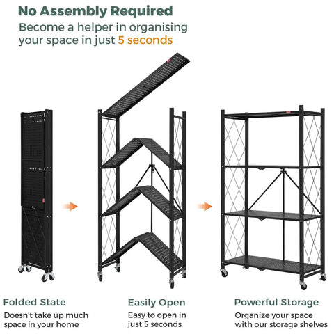 Heavy Duty Metal Storage Shelf with Four Tiers and Smooth Rolling Wheels for Kitchen Organization in folding and open states.