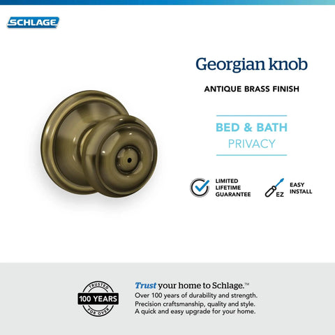 Georgian Style Privacy Door Knob For Bedroom And Bathroom In Antique Brass Finish With Push Button Lock Inside Unlock Emergency Pin Key