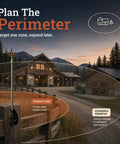 Heavy Duty Adjustable Roof Sprinkler System for Wildfire Protection Prewets Eaves Gutters and Roofs shown targeting a primary zone near a home.