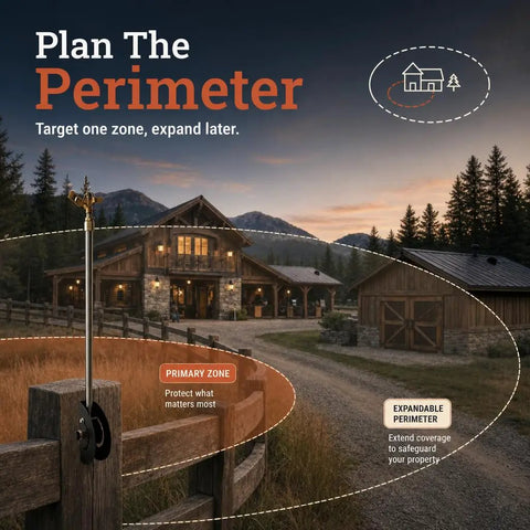 Heavy Duty Adjustable Roof Sprinkler System for Wildfire Protection Prewets Eaves Gutters and Roofs shown targeting a primary zone near a home.