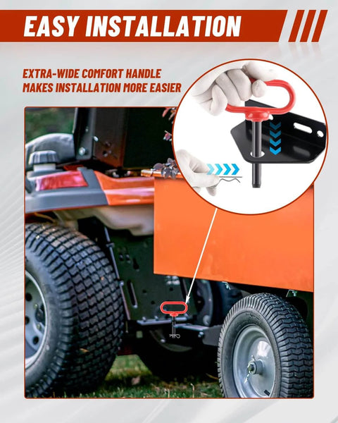 Two Pack Half Inch By Three Inch Trailer Hitch Pin With Clip And Rubber Coated Handle shown installed on tractor