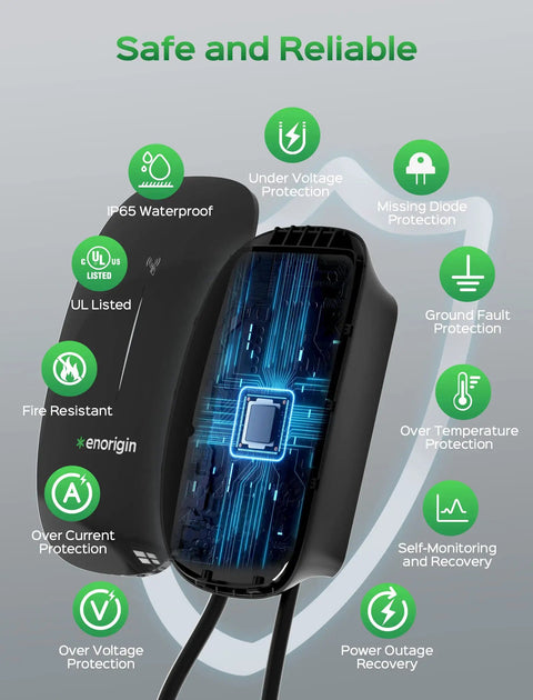 Fast Level 2 EV Charger 40 Amp 240V With NEMA 14-50 Plug showcasing safety features and UL certification, black casing