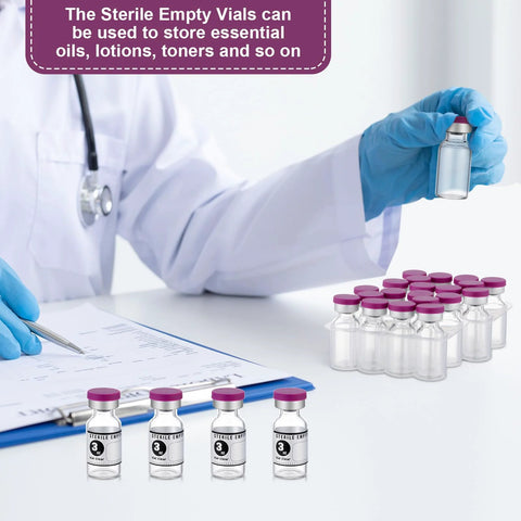 20 Pack 3Ml Sealed Sterile Empty Vials With Self Healing Injection Port Glass Penicillin Bottle And 20 Purple Label Stickers