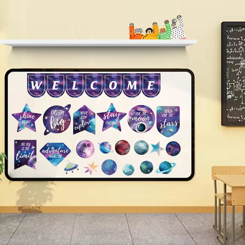 Space Themed Bulletin Board Decorations Set for Classroom Science Decor Includes 7 Welcome Signs 12 Planet and Star Cutouts