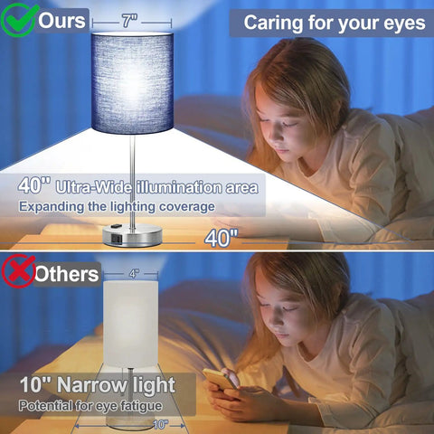 Comparison of Set Of 2 Touch Control Bedside Lamps With USB Ports And AC Outlet showing wide illumination vs narrow light