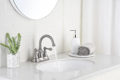 Two Handles Brushed Nickel Bathroom Faucet With Overflow Pop Up Drain For 3 Hole Sinks, 360 Degree Swivel Spout, 4 Inch Centerset