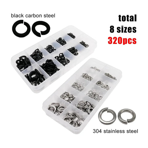 320 Piece Stainless Steel Lock Washer Set With Spring Split Washers M2 To M8 Black Finish GB93 304 Stainless Hardware Kit In Durable Box Elastic Gasket For Auto DIY And Industrial Pro Grade Gear, 8 sizes