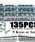 Super Chunky Double Ear Hose Clamps Assorted Kit With 135 Pieces For Fuel And Water Lines Plus Engine Pipes In 8-18mm Range That Get The Job Done Right Quick And Tough Too. 135-piece metal clamps in storage box, 8-18mm