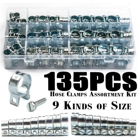 Super Chunky Double Ear Hose Clamps Assorted Kit With 135 Pieces For Fuel And Water Lines Plus Engine Pipes In 8-18mm Range That Get The Job Done Right Quick And Tough Too. 135-piece metal clamps in storage box, 8-18mm