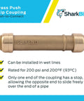 Half Inch Slip Coupling Push To Connect Brass Plumbing Fitting For PEX Copper CPVC PE-RT HDPE Quick No Fuss Repair