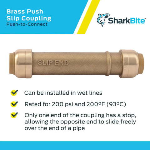 Half Inch Slip Coupling Push To Connect Brass Plumbing Fitting For PEX Copper CPVC PE-RT HDPE Quick No Fuss Repair