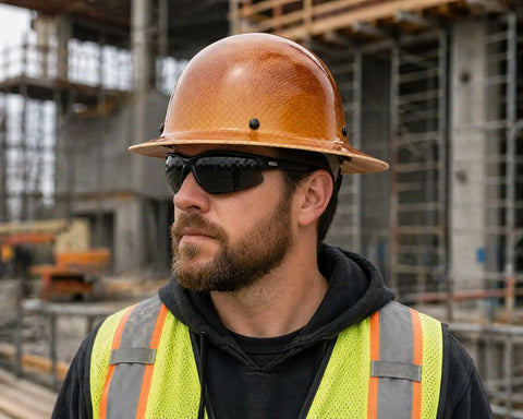 Man wearing Skullgard Worksite Ready Full Brim Hard Hat With Fas Trac III Ratchet Suspension Non Slotted Phenolic Resin Construction.