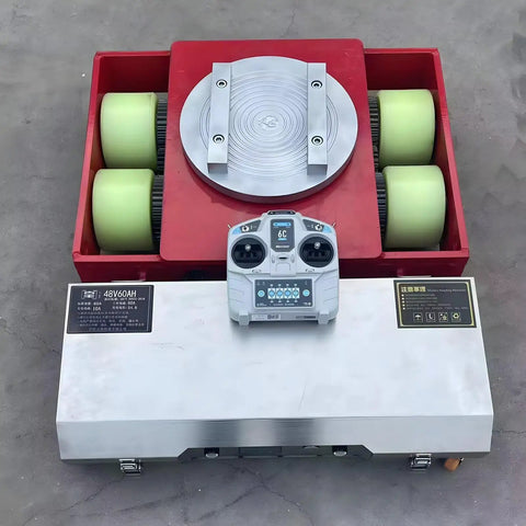 Jin Yang Hu Heavy Duty 50 Ton Electric Machine Dolly Skate, with remote control and 360 degree rotating caster wheels.