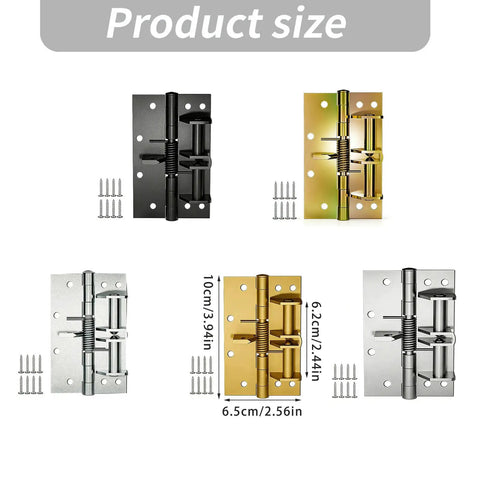 Spring Hinge for Cabinets and Doors, Rust-Resistant Stainless Steel Auto Closing in black, gold, and silver with screws.