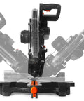 15 Amp 12 Inch Dual Bevel Sliding Compound Miter Saw With Laser And Carbide Blade Built For Pros And Weekend DIYers Cuts 13 Inch Wide And 4.1 Inch Thick Wood Bevels And Miters To 45 Degrees With Five Positive Stops Miter Lock And Laser Cutline front view in action showing bevel movement