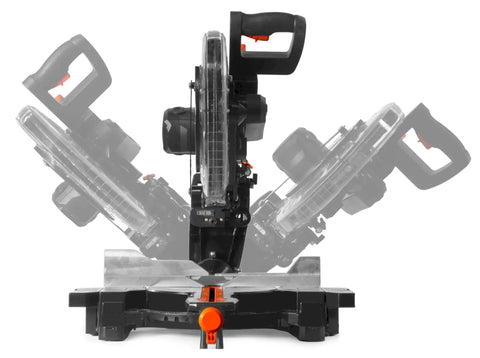 15 Amp 12 Inch Dual Bevel Sliding Compound Miter Saw With Laser And Carbide Blade Built For Pros And Weekend DIYers Cuts 13 Inch Wide And 4.1 Inch Thick Wood Bevels And Miters To 45 Degrees With Five Positive Stops Miter Lock And Laser Cutline front view in action showing bevel movement