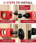 No Sweat Door Hinge Jig And Lock Installation Kit showing step-by-step installation guide for drilling and securing door locks.