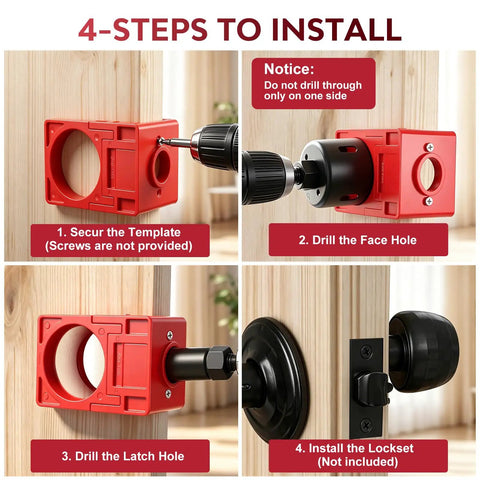 No Sweat Door Hinge Jig And Lock Installation Kit showing step-by-step installation guide for drilling and securing door locks.