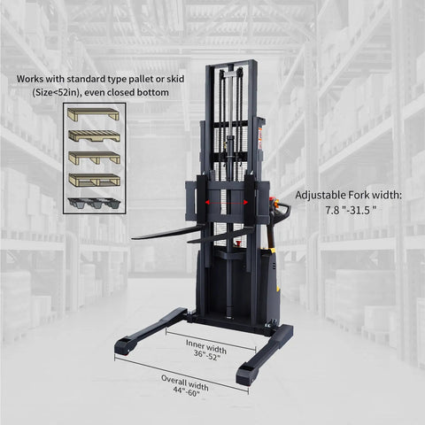 Super Lightweight Full Electric Pallet Forklift Stacker with adjustable fork width 7.8"-31.5" for efficient loading.