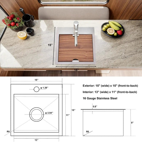 Stainless Steel Bar Sink 15 x 15 Inch Drop In Topmount Workstation Single Bowl Perfect For Kitchen Office Laundry Wet Bar RV Outdoor Yard Prep With Ultra Thick 3mm Rim And 16 Gauge Durability shown with fruits and mug on counter