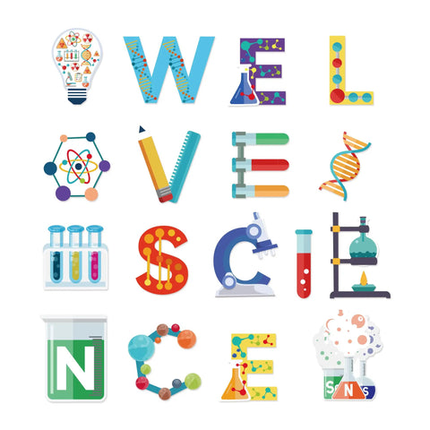 Epic We Love Science Banner Set for Mad Science Party Decorations featuring colorful science-themed letters and icons.