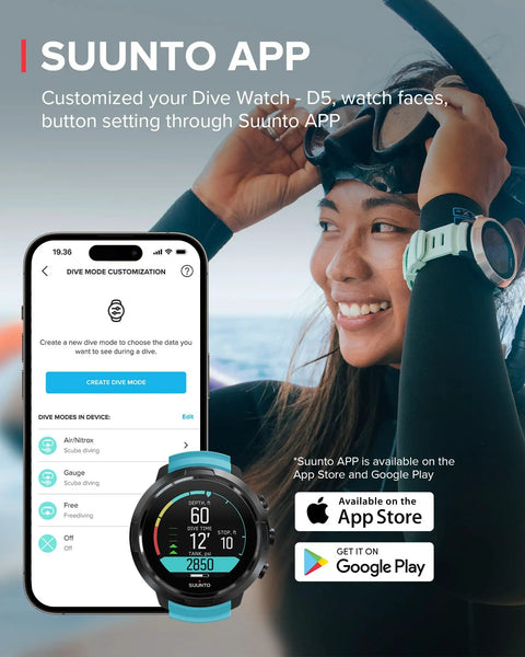 Ultimate Dive Computer With Color Screen And Interchangeable Straps, 100M Water Resistant showcased with mobile app interface.