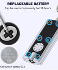 Mini LED Keychain Flashlight Pack Of 8 Tiny Pocket Light 12 Lumen with replaceable LR1130 batteries and screwdriver details.