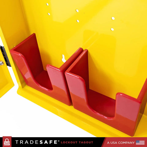 Close-up of interior compartments in Heavy Duty Lockout Tagout Station Cabinet for Wall Mount, Unfilled Kit Holder
