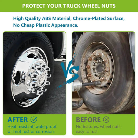 Truckers Favorite Flat Top Lug Nut Covers 20 Pack Chrome ABS Plastic on the left wheel and rusted lug nuts on the right wheel comparison.