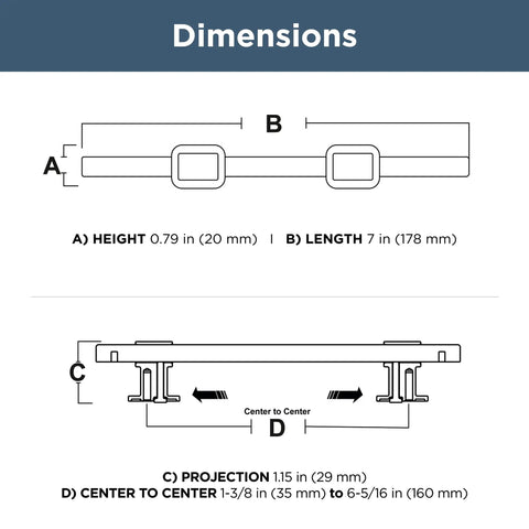 Dimensions diagram for Champagne Bronze Adjustable Drawer Pulls 5 Pack Gold Cabinet Handles for Cupboards and Dressers Fits One And Three Eighths To Six And Five Sixteenths Inch Hole Centers Adjusta-Pull showing height, length, projection, and center-to-center distance.