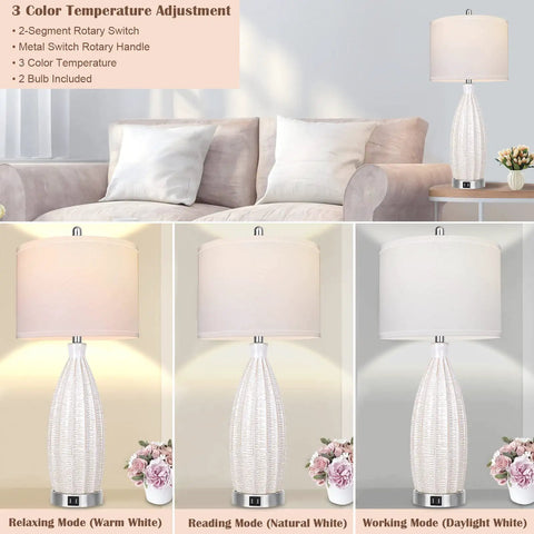 27 Inch Ceramic Table Lamp Set Of 2 With USB Port 3 Color Temperature White Rattan Texture in living room setting