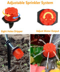 Quarter Inch Drip Irrigation Fittings Kit, 220 Pcs For Drip Systems Including Valves Nozzles Micro Drips Four Way Cross Tees Couplings End Plugs Elbows Hose Stakes Easy Install Durable Plastic Garden Irrigation Set adjustable sprinkler system with eight holes dripper and adjustable water output showcased.