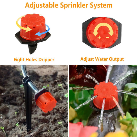 Quarter Inch Drip Irrigation Fittings Kit, 220 Pcs For Drip Systems Including Valves Nozzles Micro Drips Four Way Cross Tees Couplings End Plugs Elbows Hose Stakes Easy Install Durable Plastic Garden Irrigation Set adjustable sprinkler system with eight holes dripper and adjustable water output showcased.