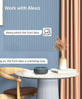 Smart WiFi Door Lock With Keyless Entry And Keypad Digital Electronic Door Lock Passcode Access Remote Mobile App Control Easy Install Tight Security For Your Home Black displayed with voice control feature via Alexa on a modern interior table.