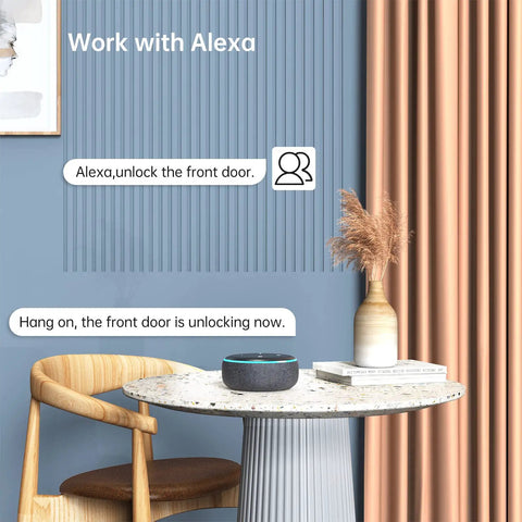 Smart WiFi Door Lock With Keyless Entry And Keypad Digital Electronic Door Lock Passcode Access Remote Mobile App Control Easy Install Tight Security For Your Home Black displayed with voice control feature via Alexa on a modern interior table.