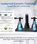 Certificate beside Matte Black 4 Inch Center Set Bathroom Faucet With 2 Handles, 360 Degree Swivel Spout, showing durability test results.