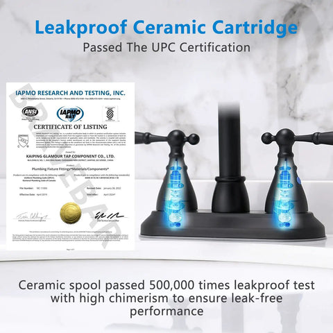 Certificate beside Matte Black 4 Inch Center Set Bathroom Faucet With 2 Handles, 360 Degree Swivel Spout, showing durability test results.