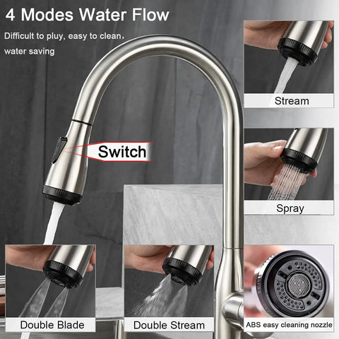 Kitchen Faucet With Pull Down Sprayer And Four Spraying Modes In Brushed Nickel Finish switching modes demonstration