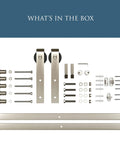 Contents of Classic Interior Sliding Barn Door Kit with Two Piece Track 72 Inch Satin Nickel Finish, including mounting hardware.