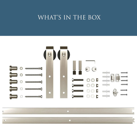 Contents of Classic Interior Sliding Barn Door Kit with Two Piece Track 72 Inch Satin Nickel Finish, including mounting hardware.