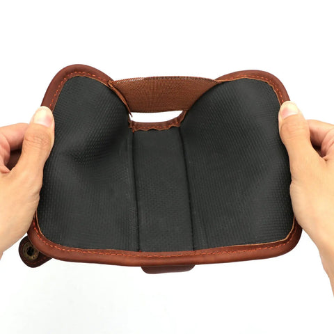 Inside view of Genuine Leather Buttstock Cheek Rest With Rifle Shell Holder and Quick Access Ammo Slot, brown and black leather.
