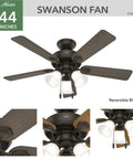 Indoor Ceiling Fan With Dope LED Lights 44 Inch Bronze Finish Five Blades Pull Chain For Bedroom Living Room Or Kitchen