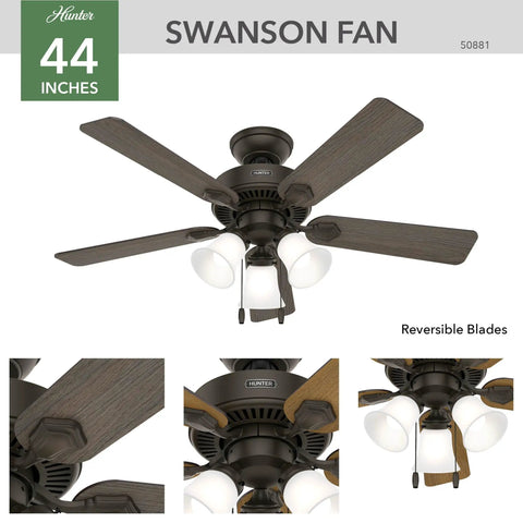 Indoor Ceiling Fan With Dope LED Lights 44 Inch Bronze Finish Five Blades Pull Chain For Bedroom Living Room Or Kitchen