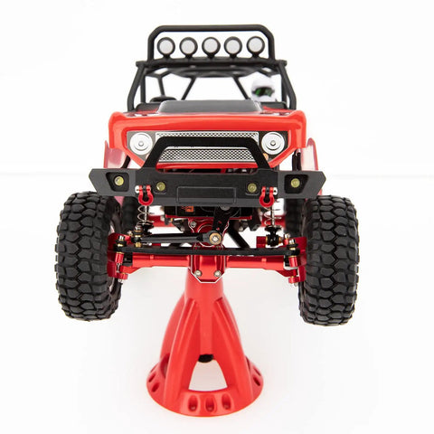 Front view of RC car with SCX24 Servo Steering Upgrade Kit With Metal Mount Bracket And Horn For RC Cars And Boats High Precision Metal Gear Durable Brass Build Easy Bolt On Install Axial Compatible Upgrade Parts Black installed.