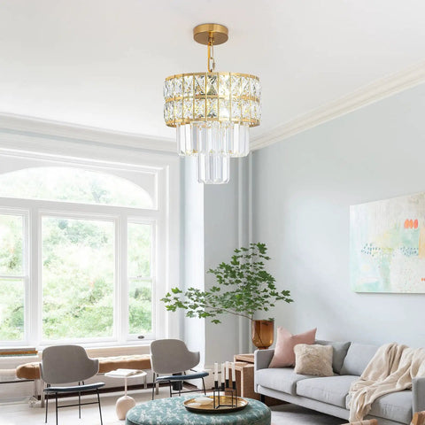 Crystal Chandelier Gold Pendant Light With Color Changing Bulb Modern Mini Round Fixture in living room setting