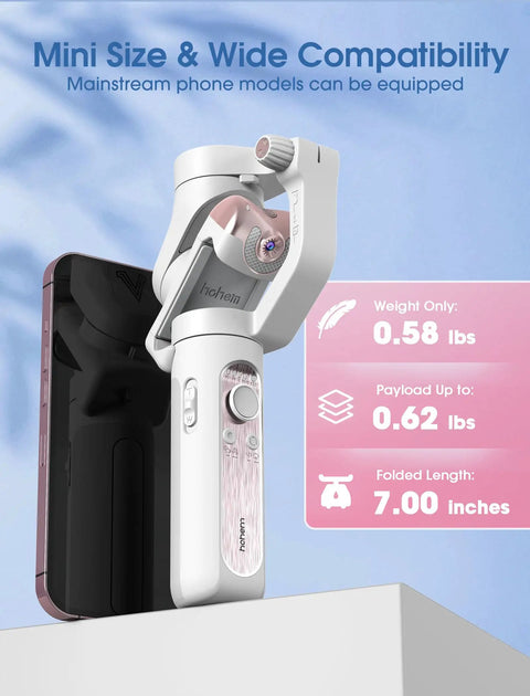 3-Axis Smartphone Gimbal Stabilizer With AI Tracking And Fill Light showcased with lightweight and compact specs