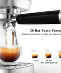 Top Shelf Compact Espresso Maker With 20 Bar Pressurized Pump And One Touch Milk Frother System For Legit Cafe Style Beverages And Hella Easy Installation pouring espresso into a glass.