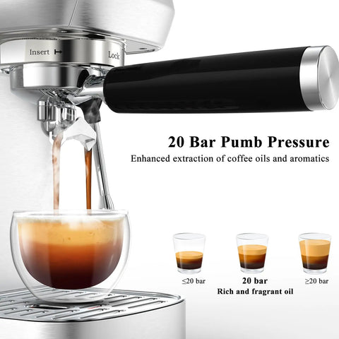 Top Shelf Compact Espresso Maker With 20 Bar Pressurized Pump And One Touch Milk Frother System For Legit Cafe Style Beverages And Hella Easy Installation pouring espresso into a glass.